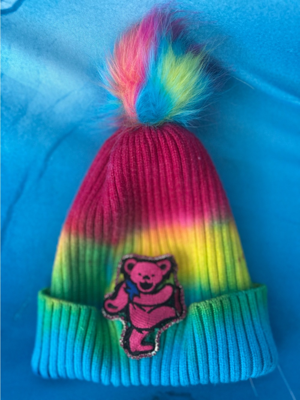 Grateful Dead Rainbow Ribbed Pom Beanie - Multicolor Handmade